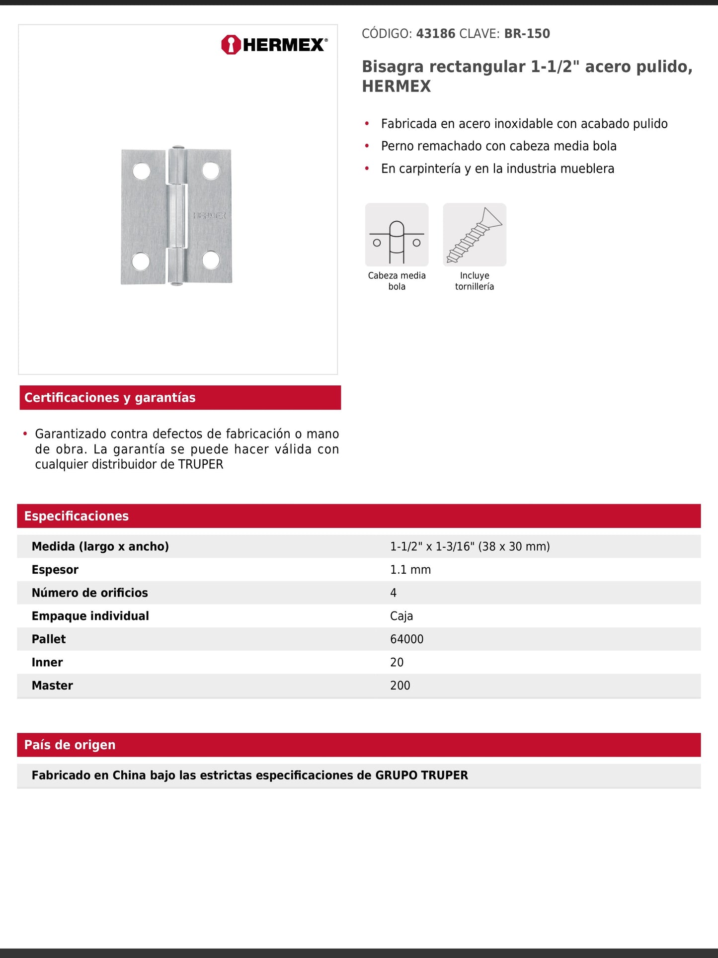 Bisagra rectangular de 1.5 pulgadas en acero pulido