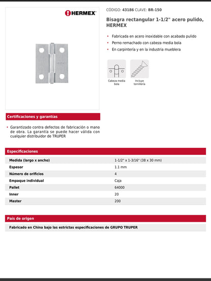 Bisagra rectangular de 1.5 pulgadas en acero pulido