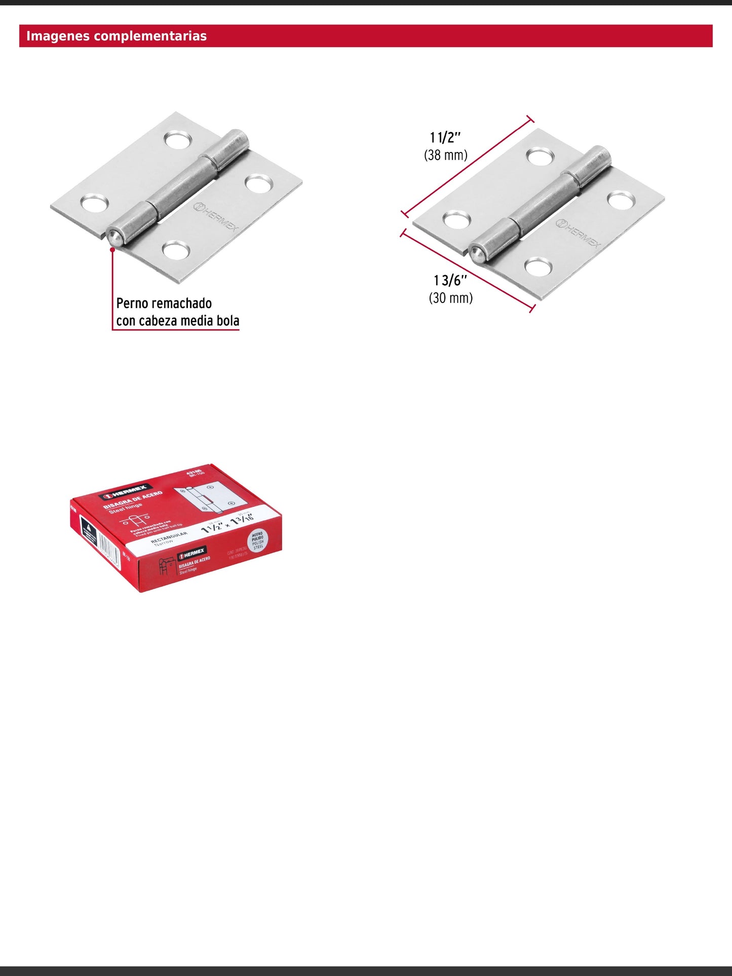Bisagra rectangular de 1.5 pulgadas en acero pulido