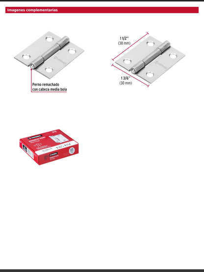 Bisagra rectangular de 1.5 pulgadas en acero pulido
