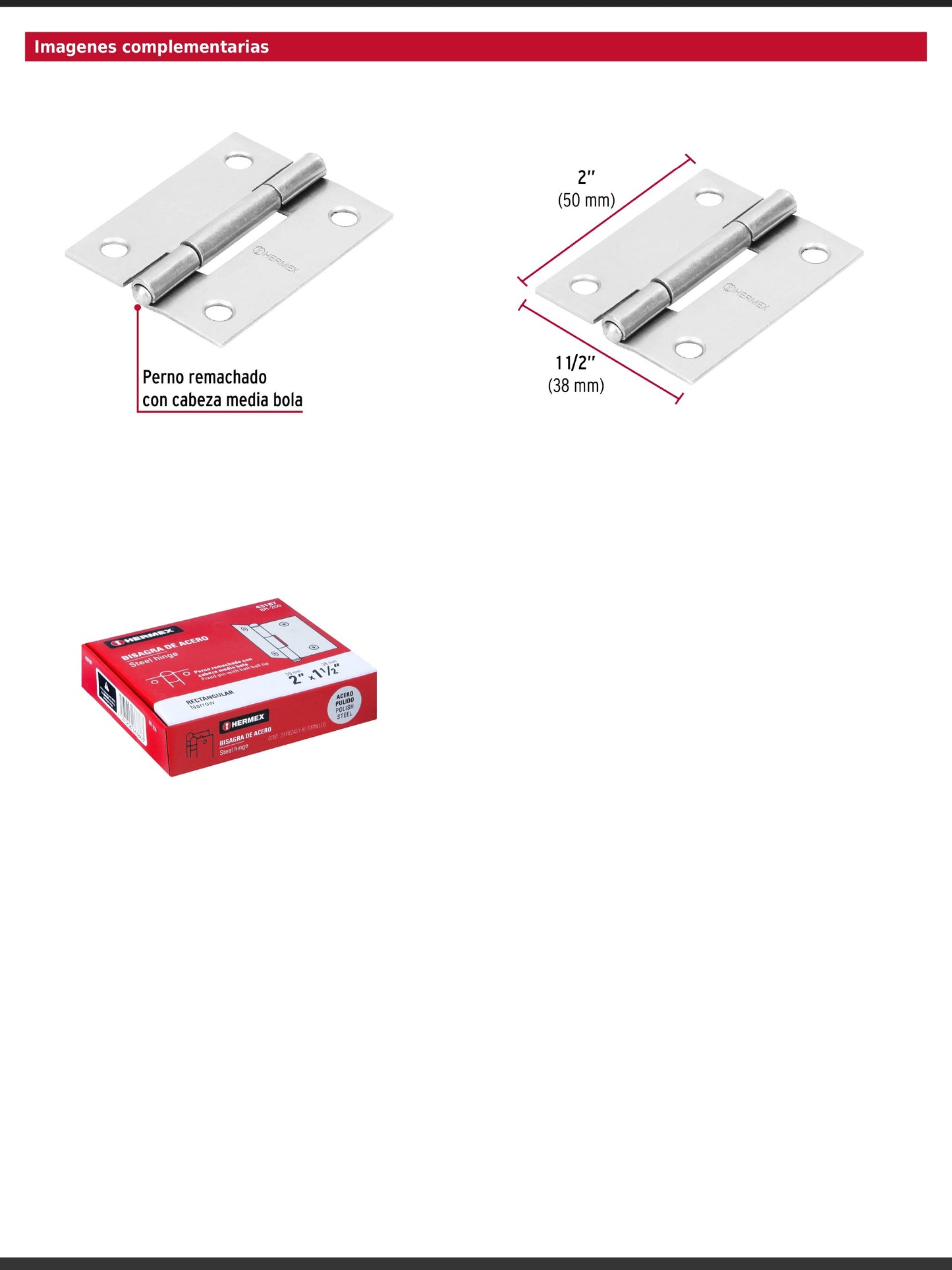 Bisagra rectangular de 2 pulgadas en acero pulido