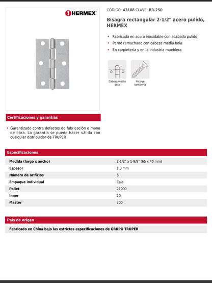 Bisagra rectangular de dos y media pulgadas en acero pulido