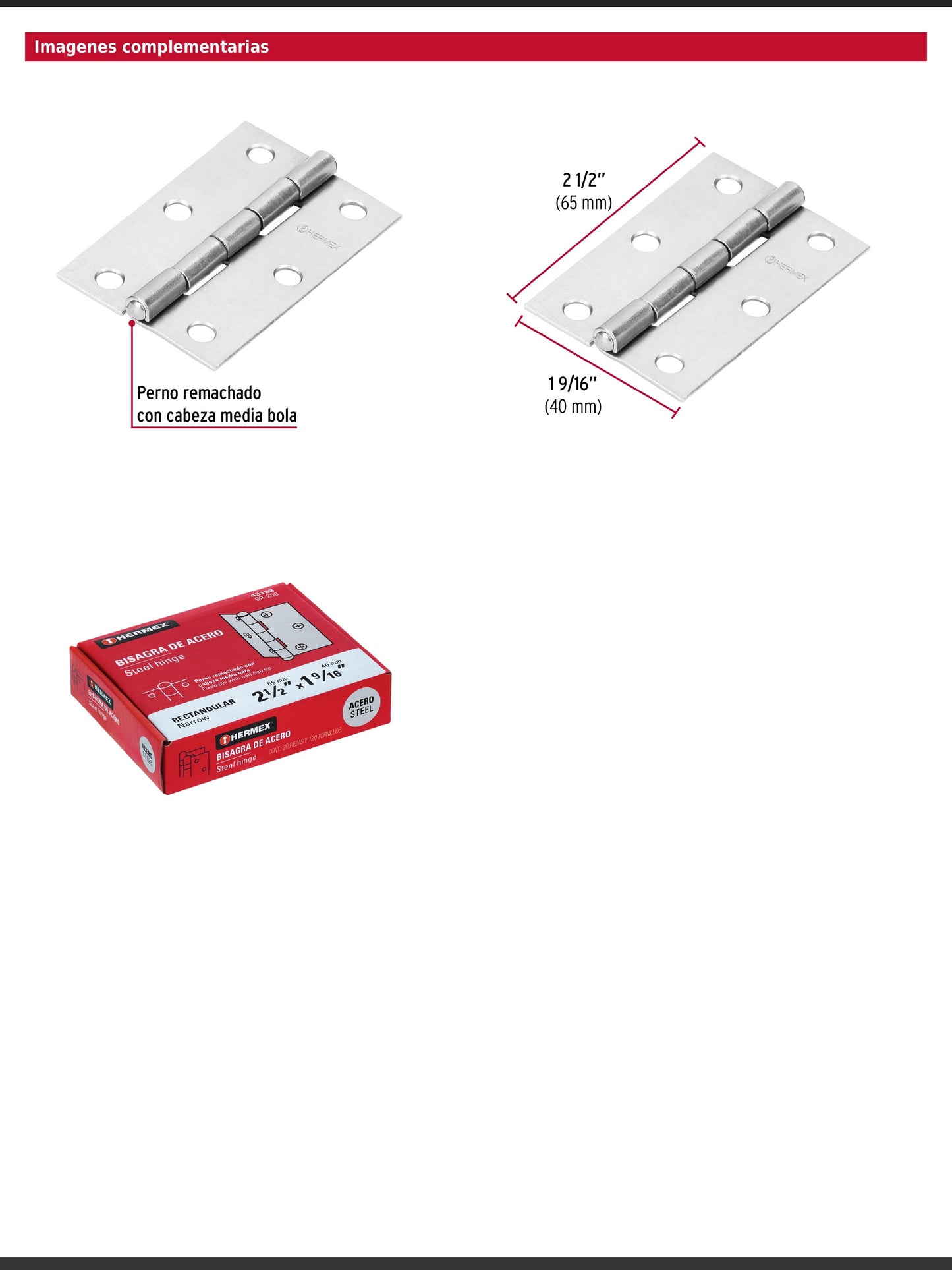 Bisagra rectangular de dos y media pulgadas en acero pulido