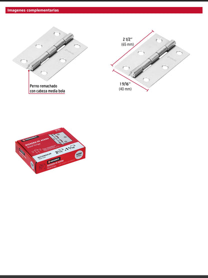 Bisagra rectangular de dos y media pulgadas en acero pulido
