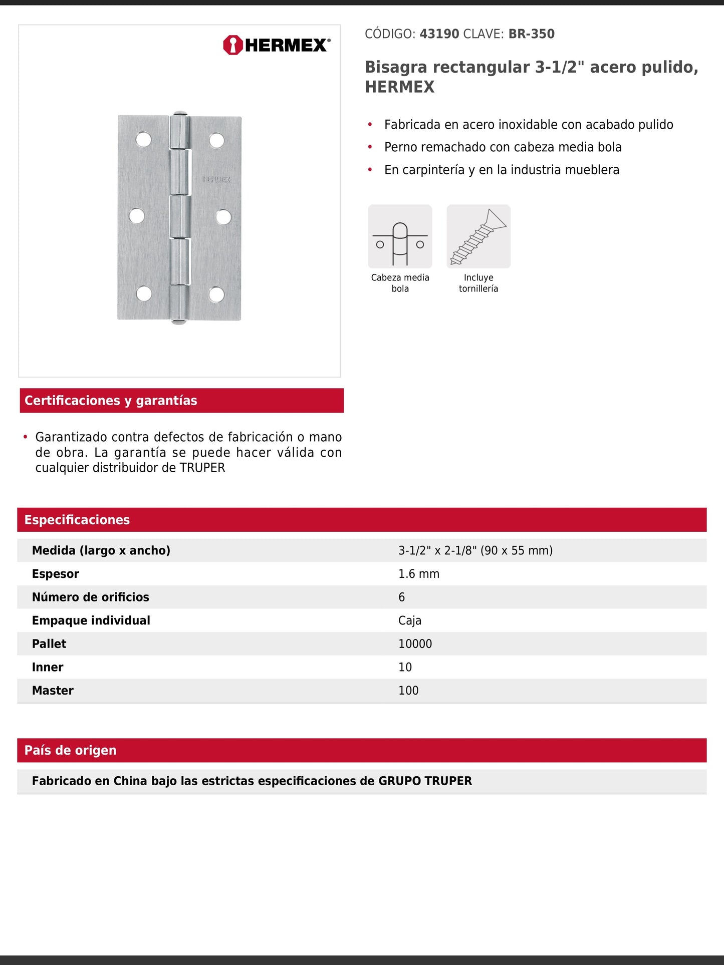 Bisagra rectangular de tres y media pulgadas en acero pulido
