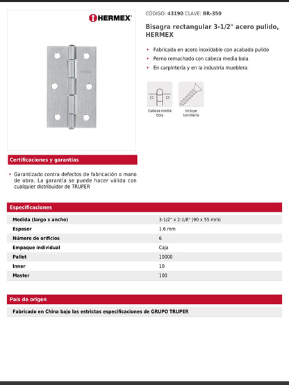 Bisagra rectangular de tres y media pulgadas en acero pulido