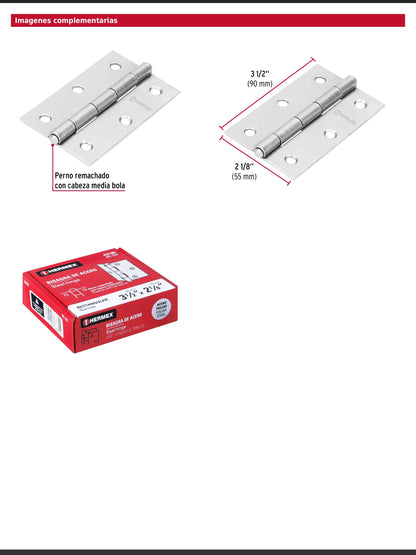 Bisagra rectangular de tres y media pulgadas en acero pulido