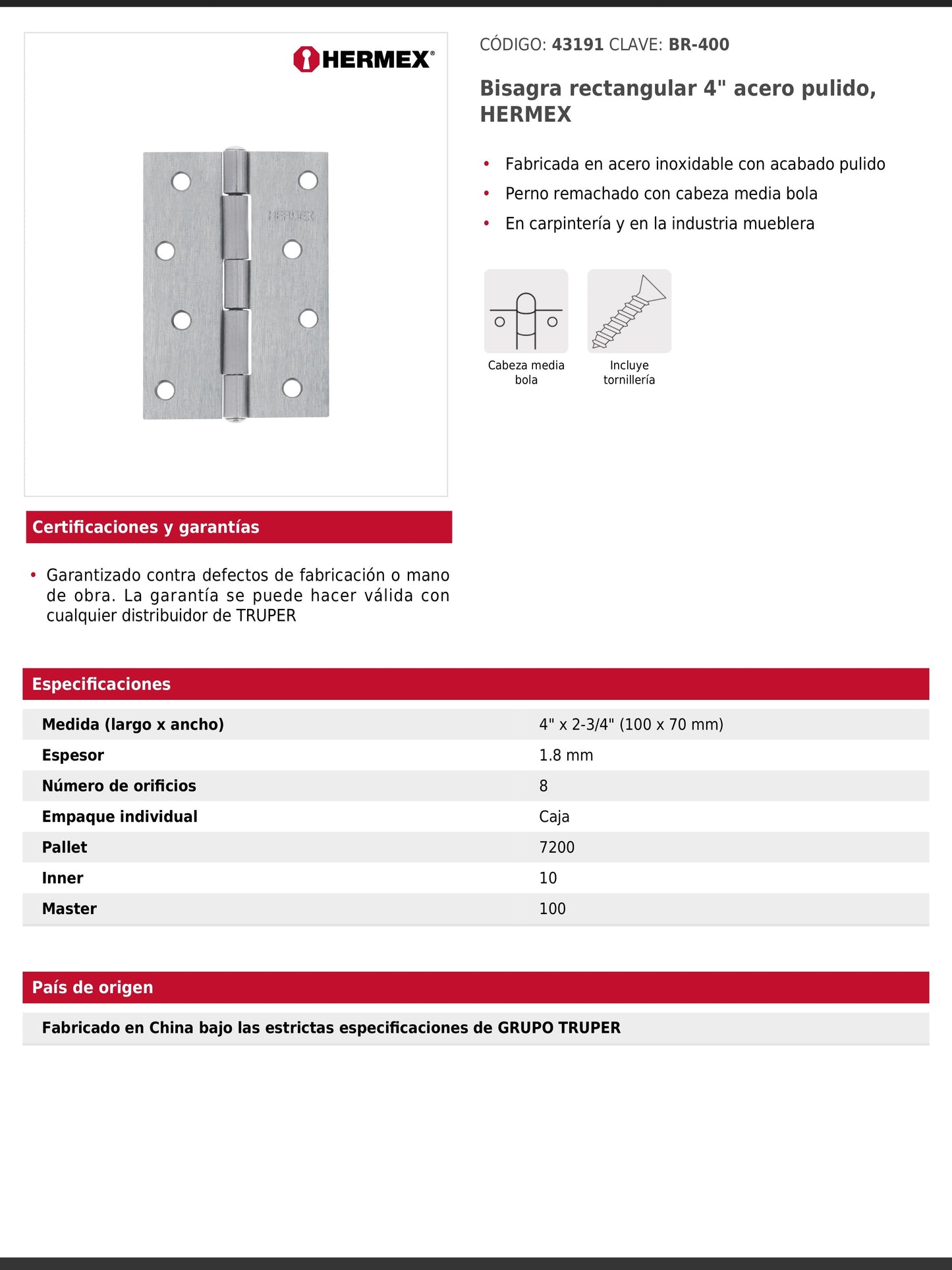 Bisagra rectangular de 4 pulgadas en acero pulido