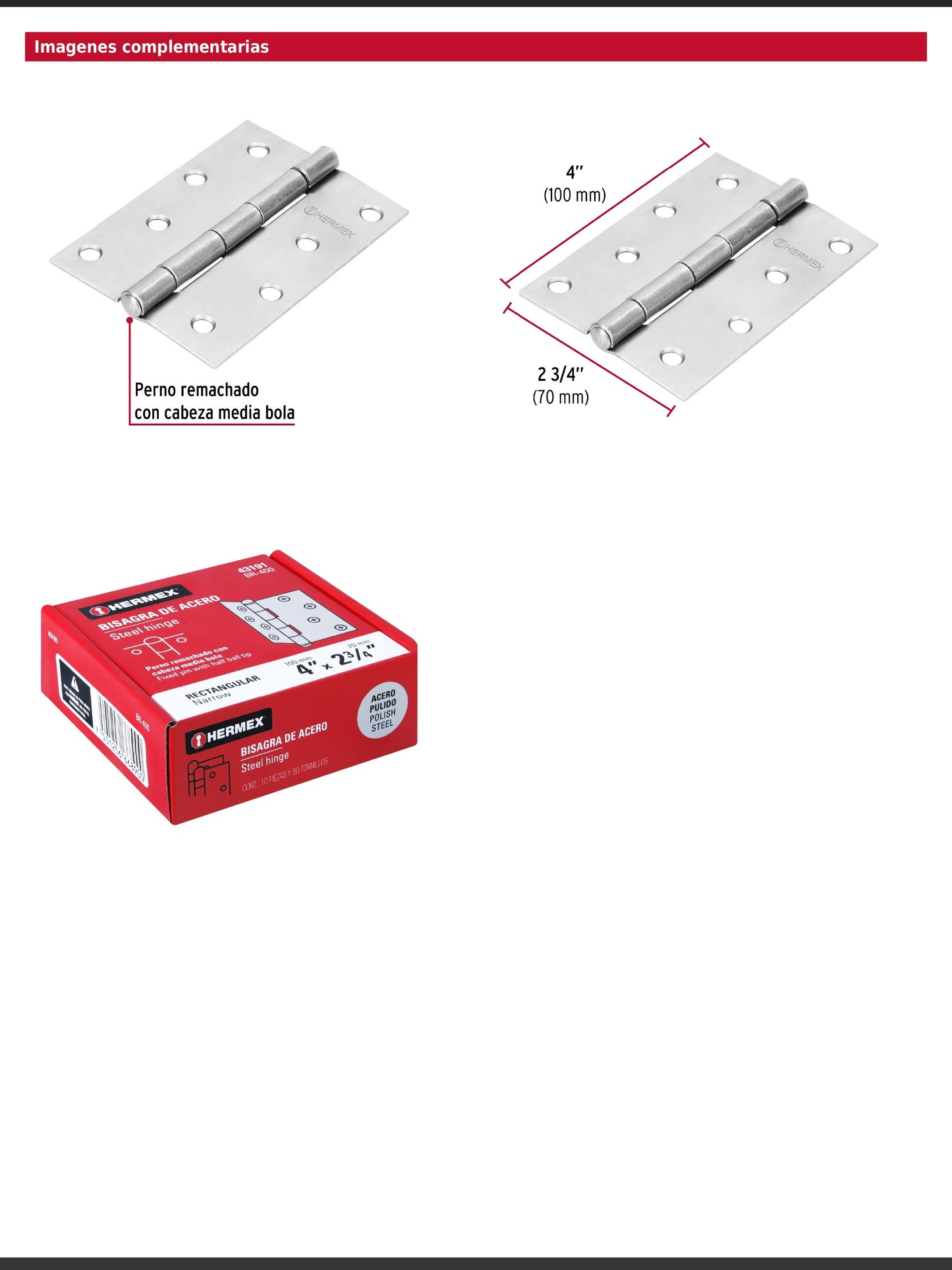 Bisagra rectangular de 4 pulgadas en acero pulido