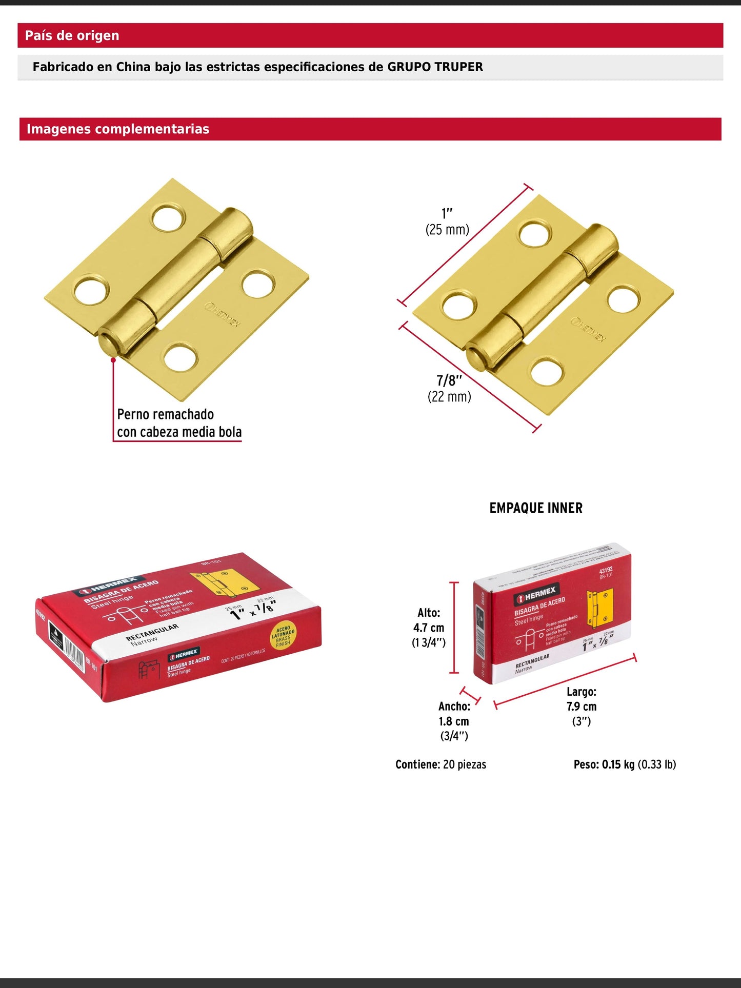 Bisagra rectangular de acero con acabado latonado