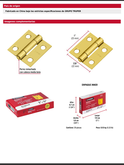 Bisagra rectangular de acero con acabado latonado