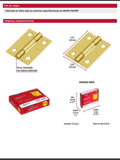 Bisagra rectangular de acero con acabado latonado