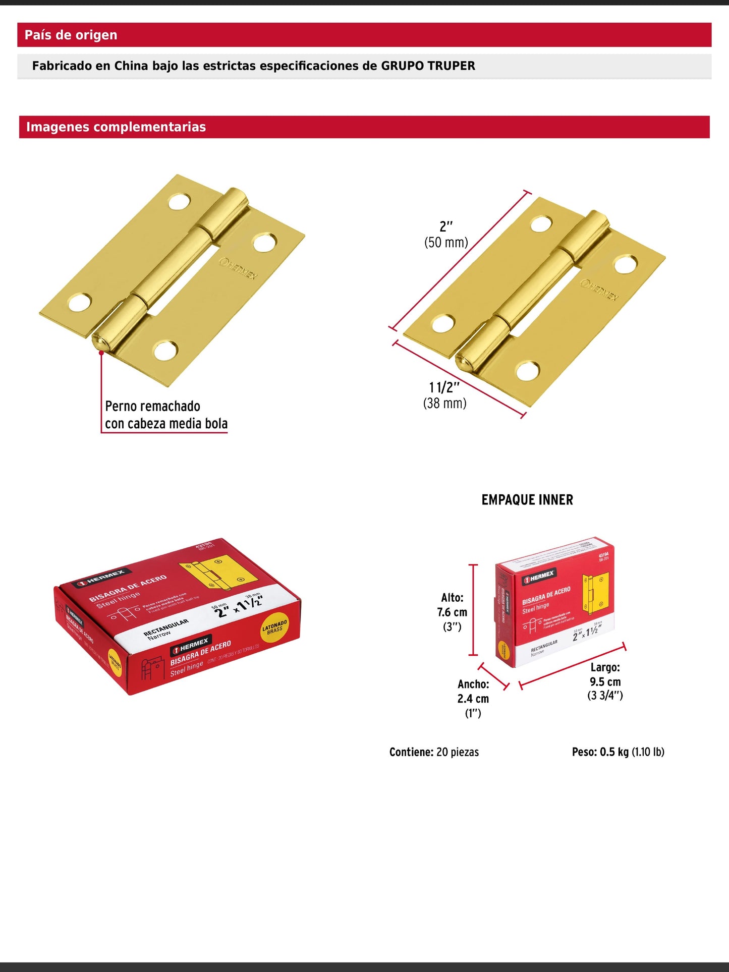 Bisagra rectangular de acero con acabado latonado