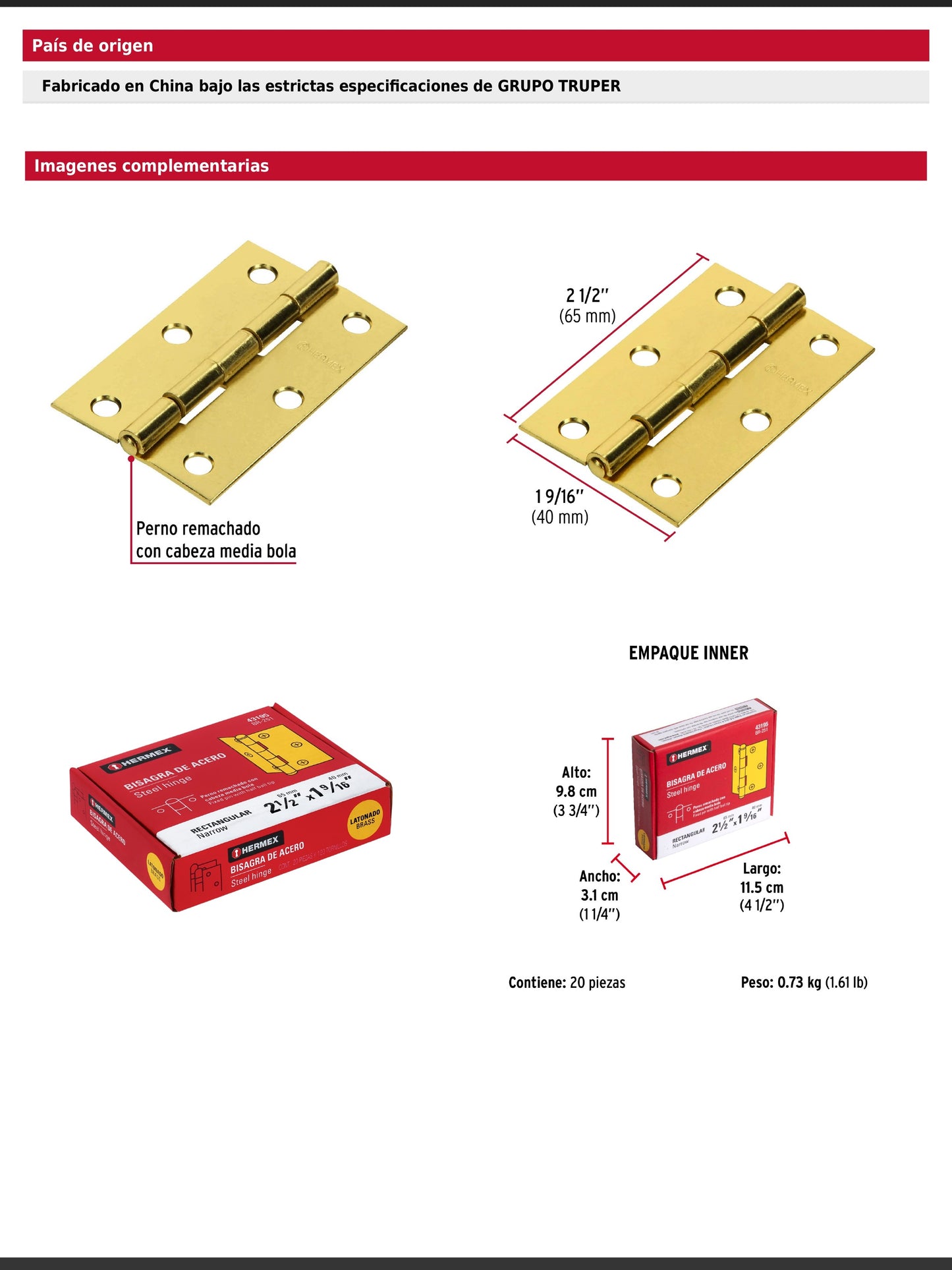 Bisagra rectangular de acero con acabado latonado