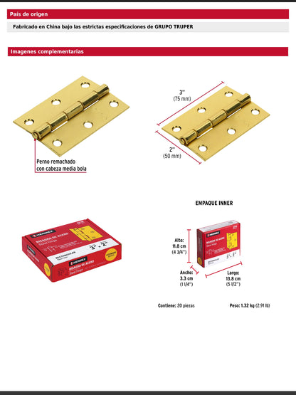 Bisagra rectangular de 3 pulgadas en acero latonado