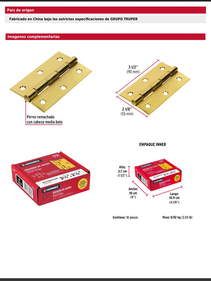 Bisagra rectangular de tres y media pulgadas en acero latonado