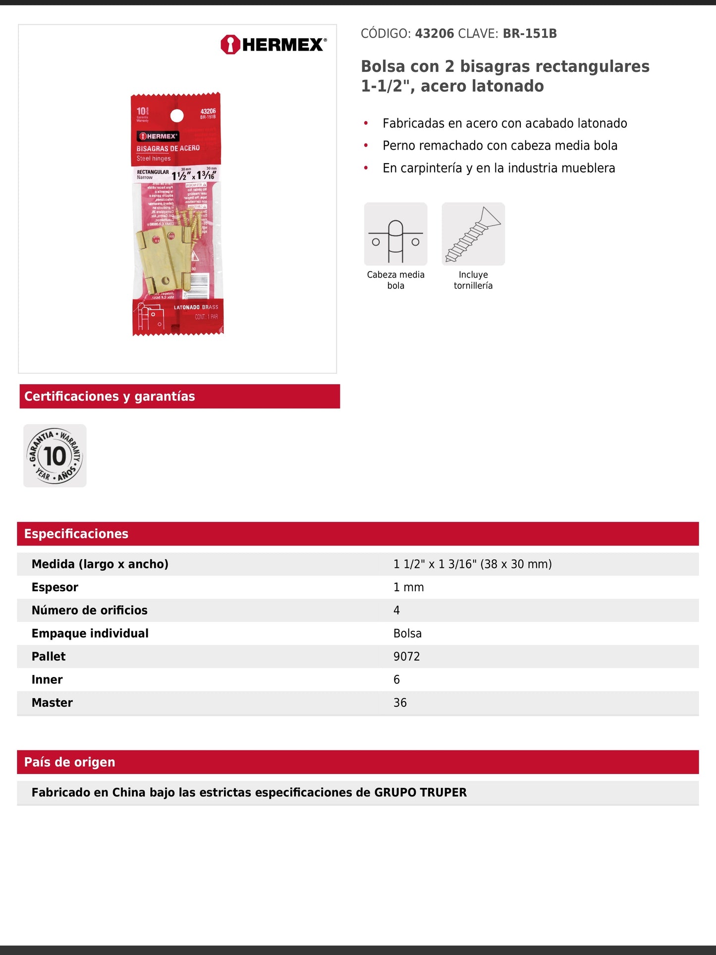 Bisagras rectangulares de 1.5 pulgadas en acero latonado