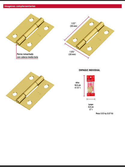 Bisagras rectangulares de 1.5 pulgadas en acero latonado