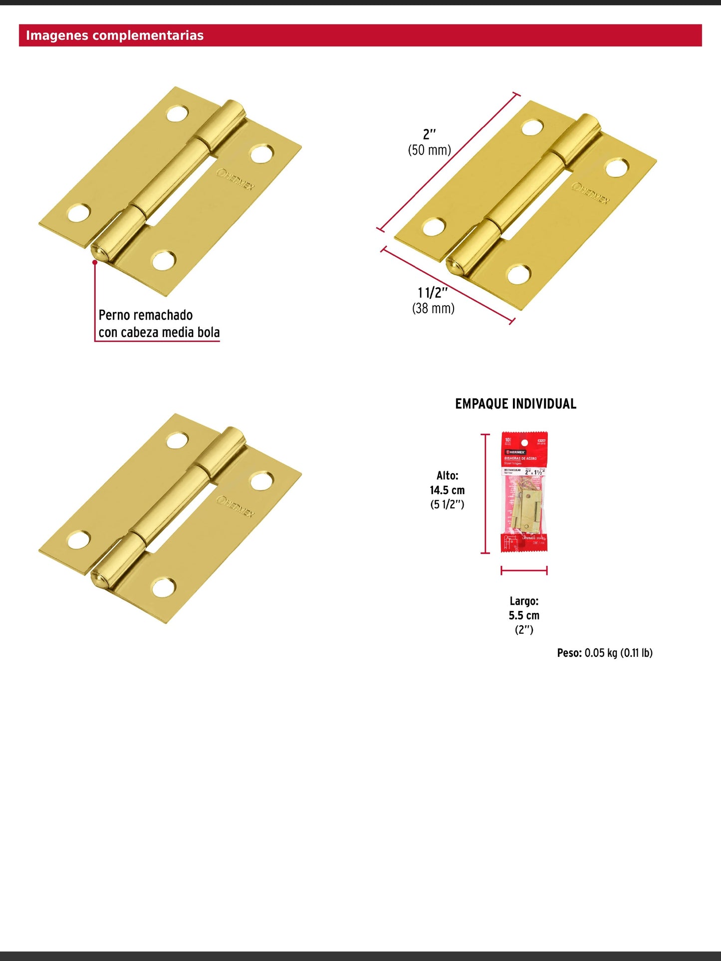 Bisagras rectangulares de 2 pulgadas en acero latonado