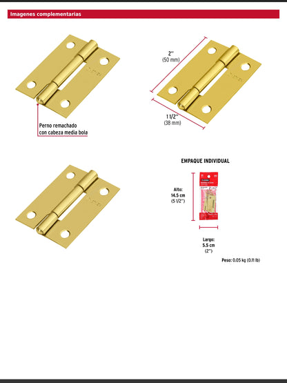 Bisagras rectangulares de 2 pulgadas en acero latonado