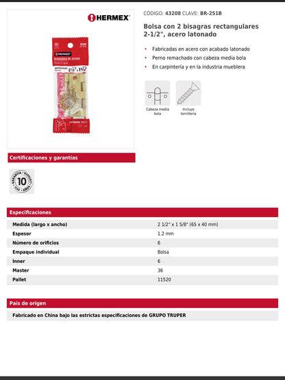 Bisagras rectangulares de dos y media pulgadas en acero latonado