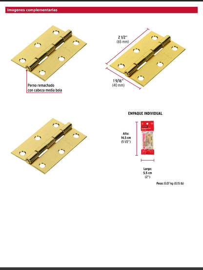 Bisagras rectangulares de dos y media pulgadas en acero latonado