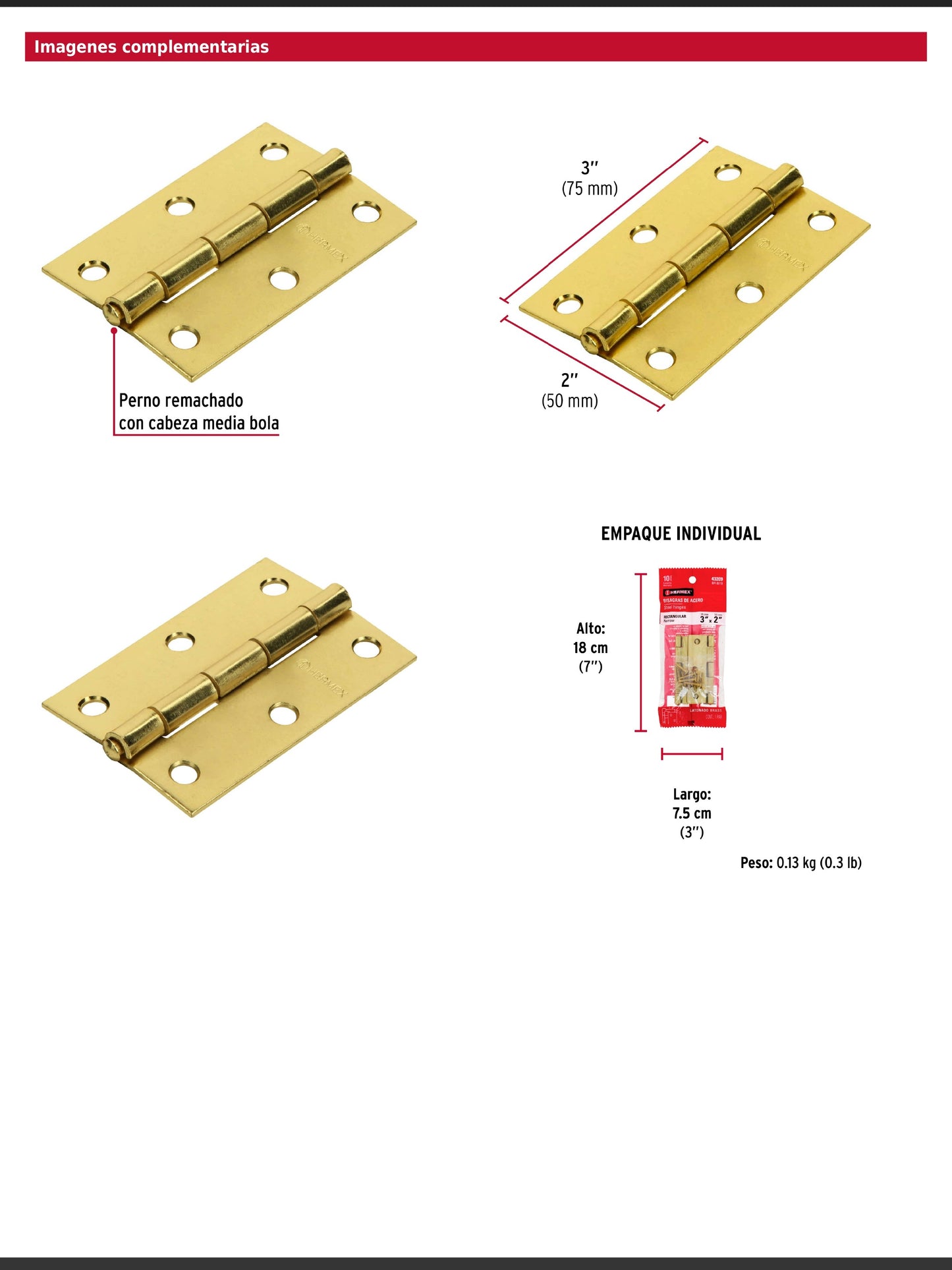 Bisagras rectangulares de 3 pulgadas en acero latonado