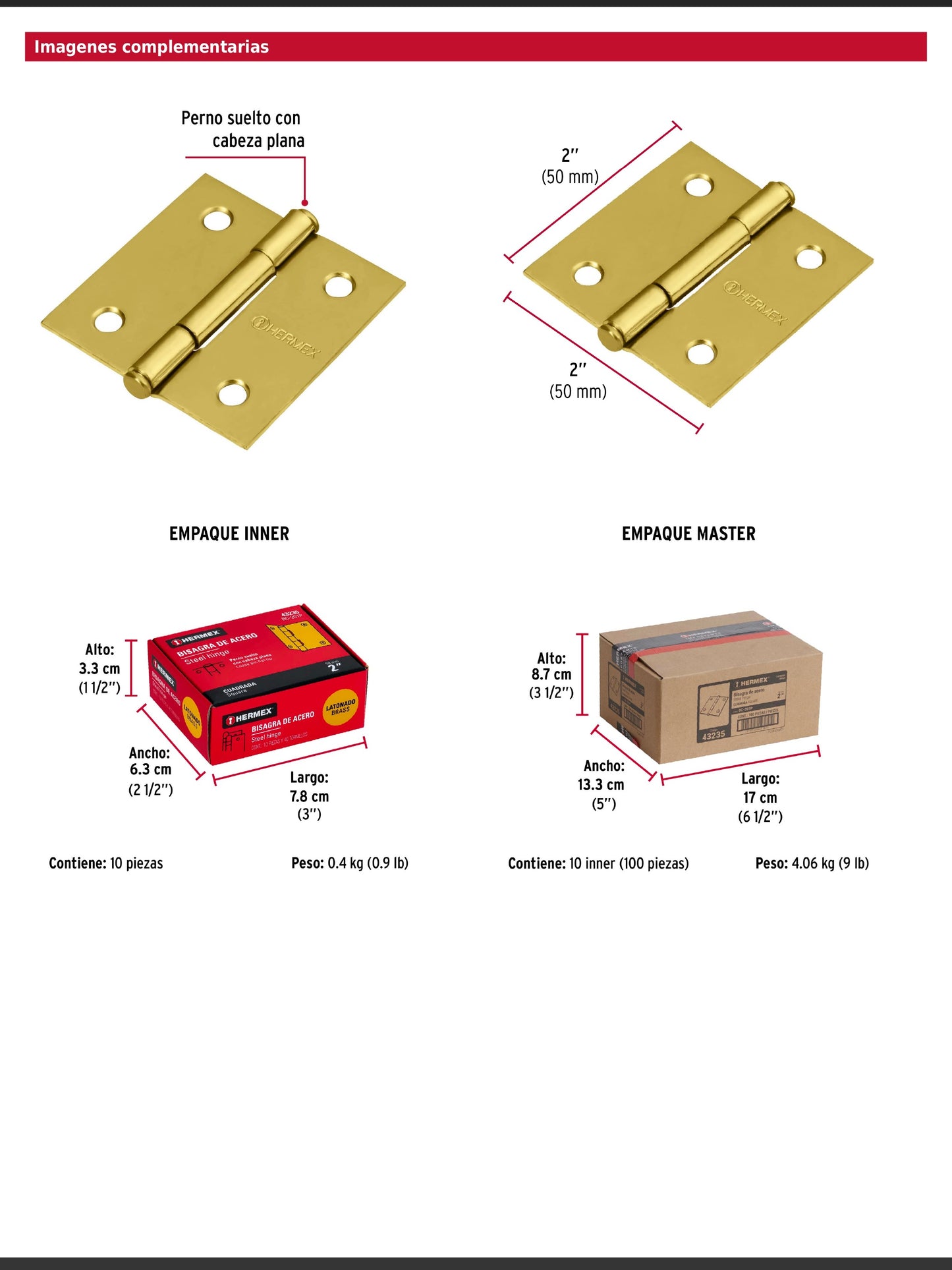 Bisagra cuadrada de acero con acabado latonado