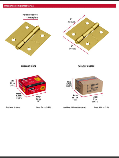 Bisagra cuadrada de acero con acabado latonado