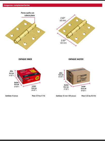 Bisagra cuadrada de acero con acabado latonado