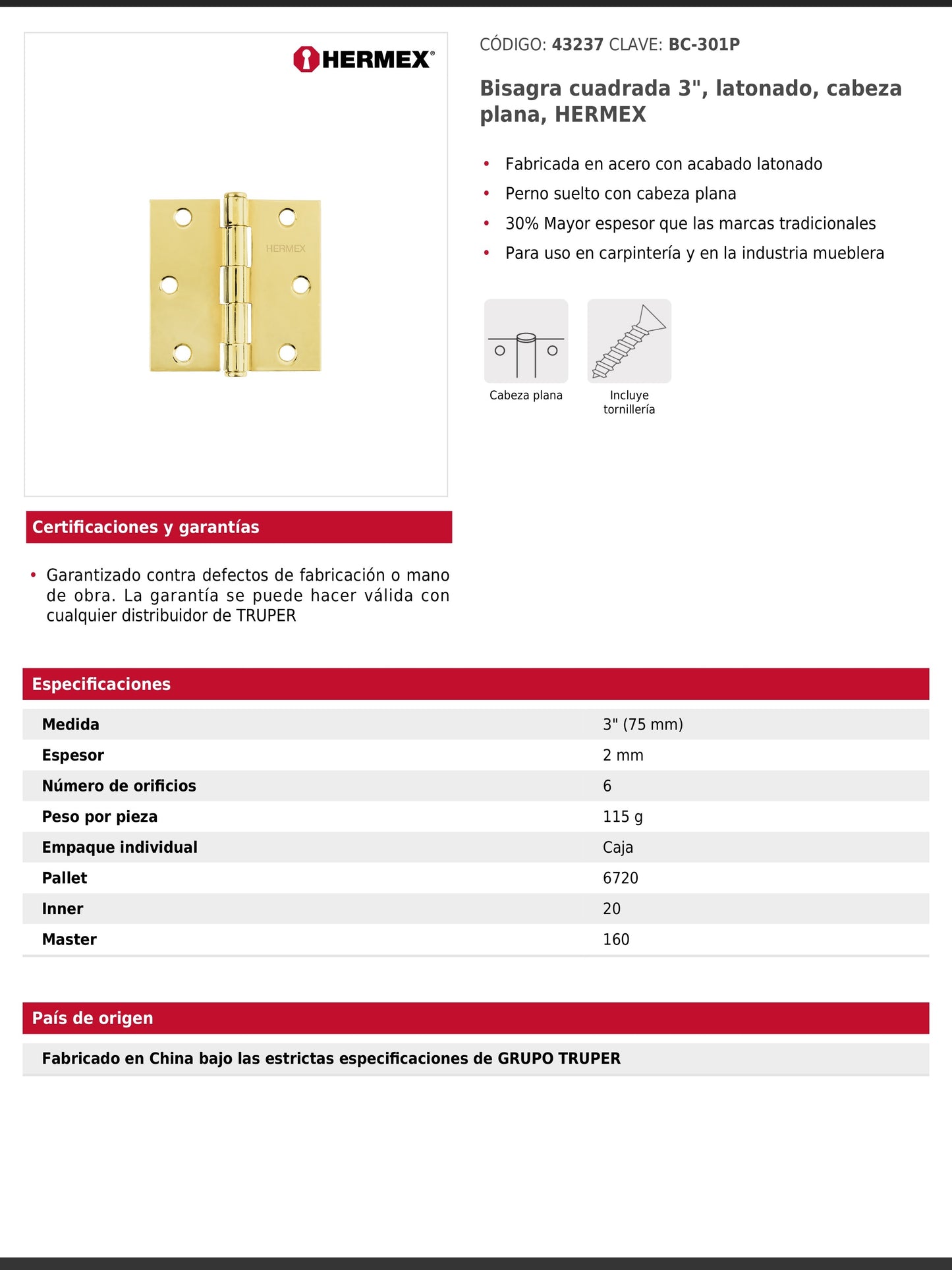 Bisagra cuadrada de acero con acabado latonado