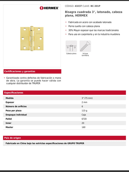 Bisagra cuadrada de acero con acabado latonado