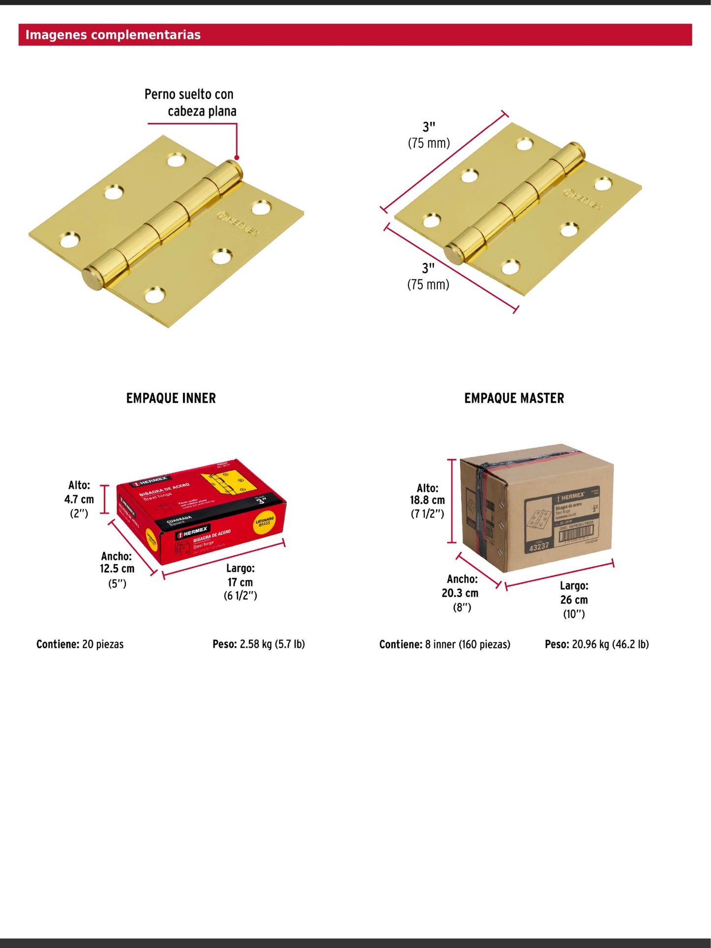 Bisagra cuadrada de acero con acabado latonado