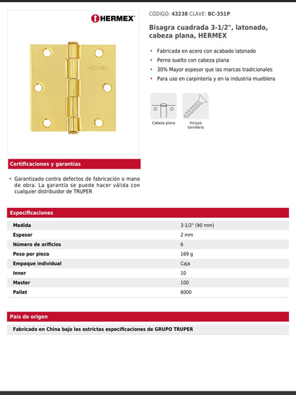 Bisagra cuadrada de acero con acabado latonado
