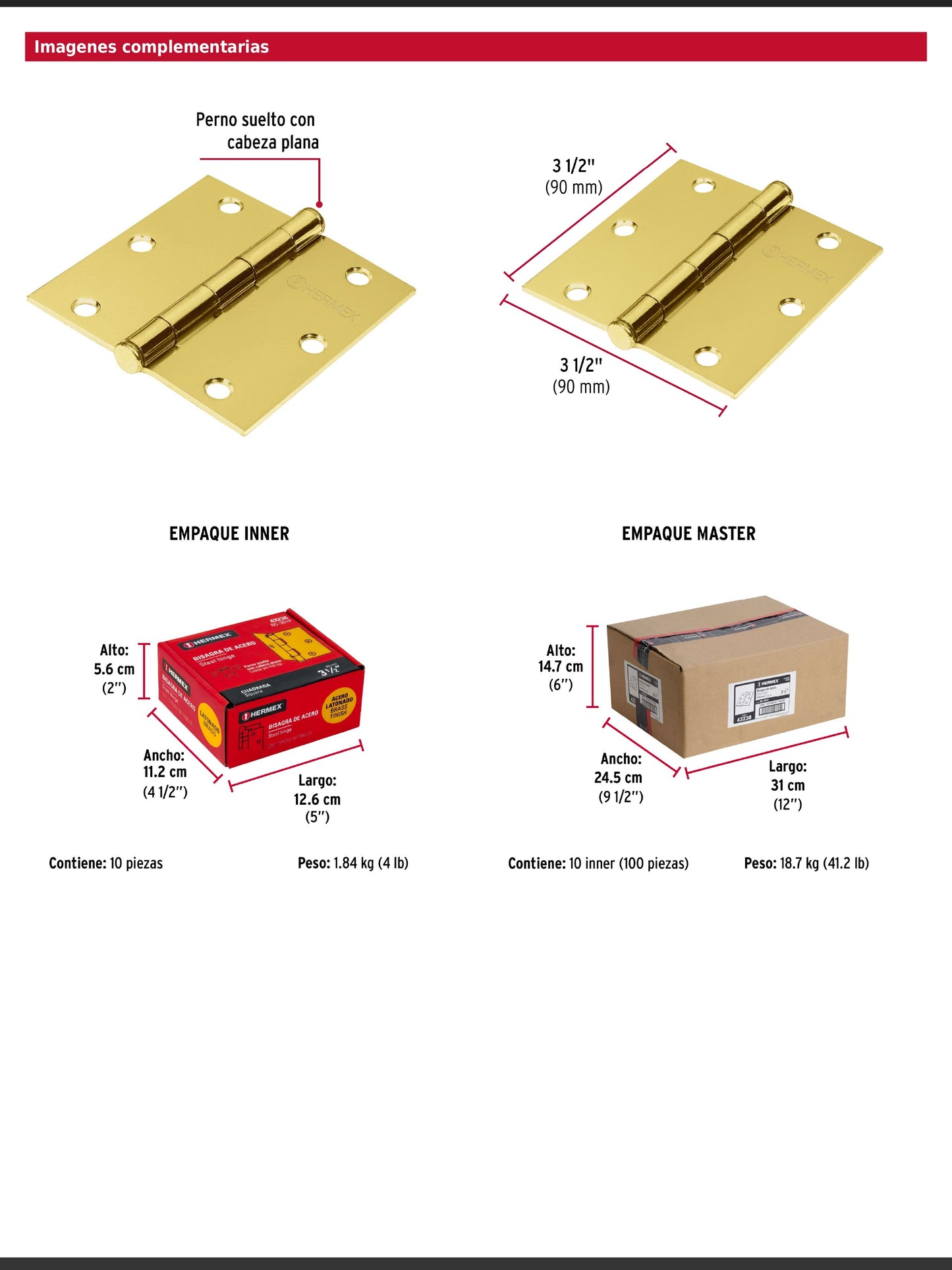 Bisagra cuadrada de acero con acabado latonado