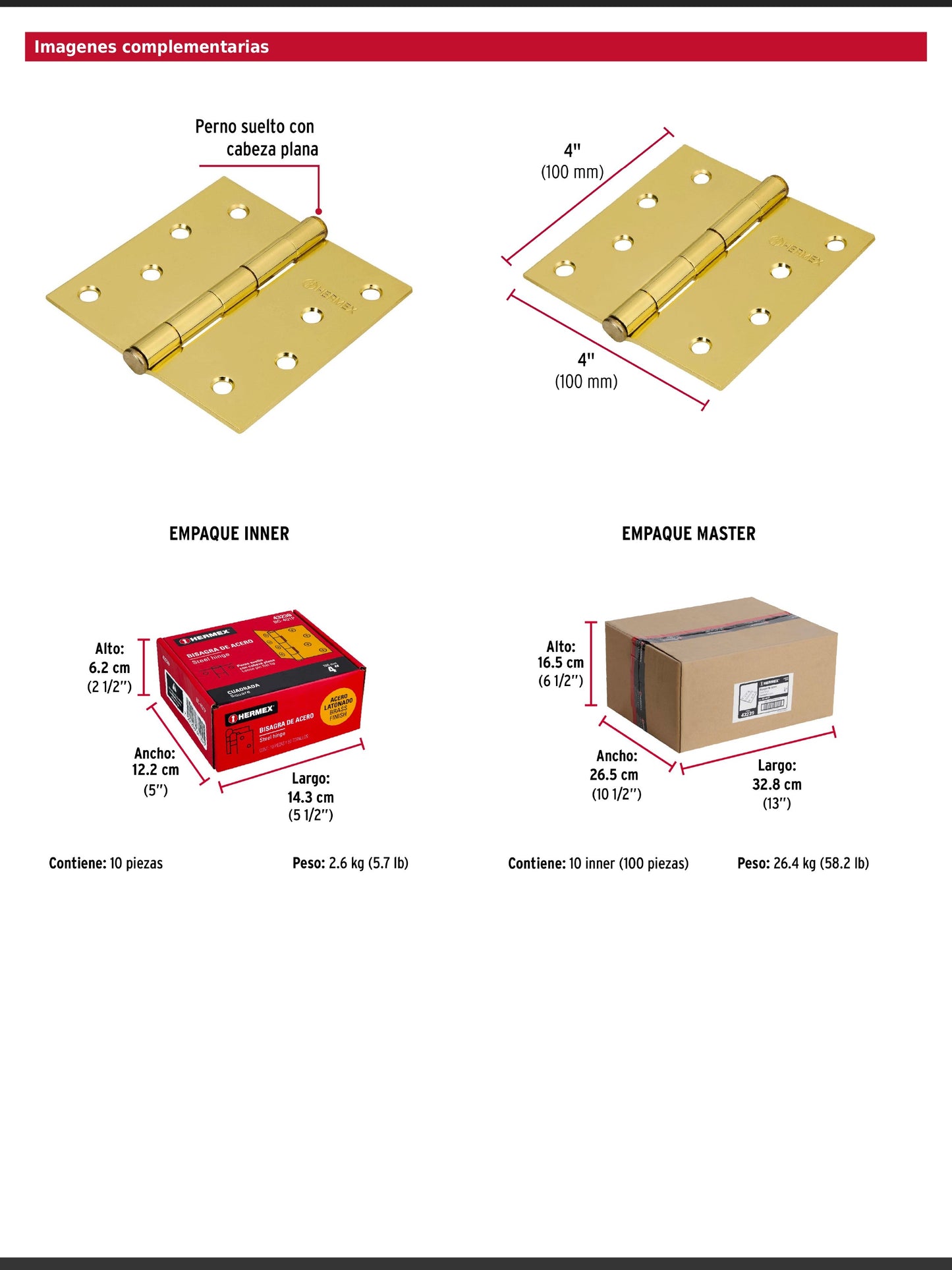 Bisagra cuadrada de acero con acabado latonado