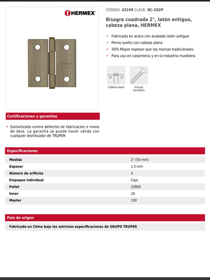 Bisagra cuadrada de acero con acabado latón antiguo