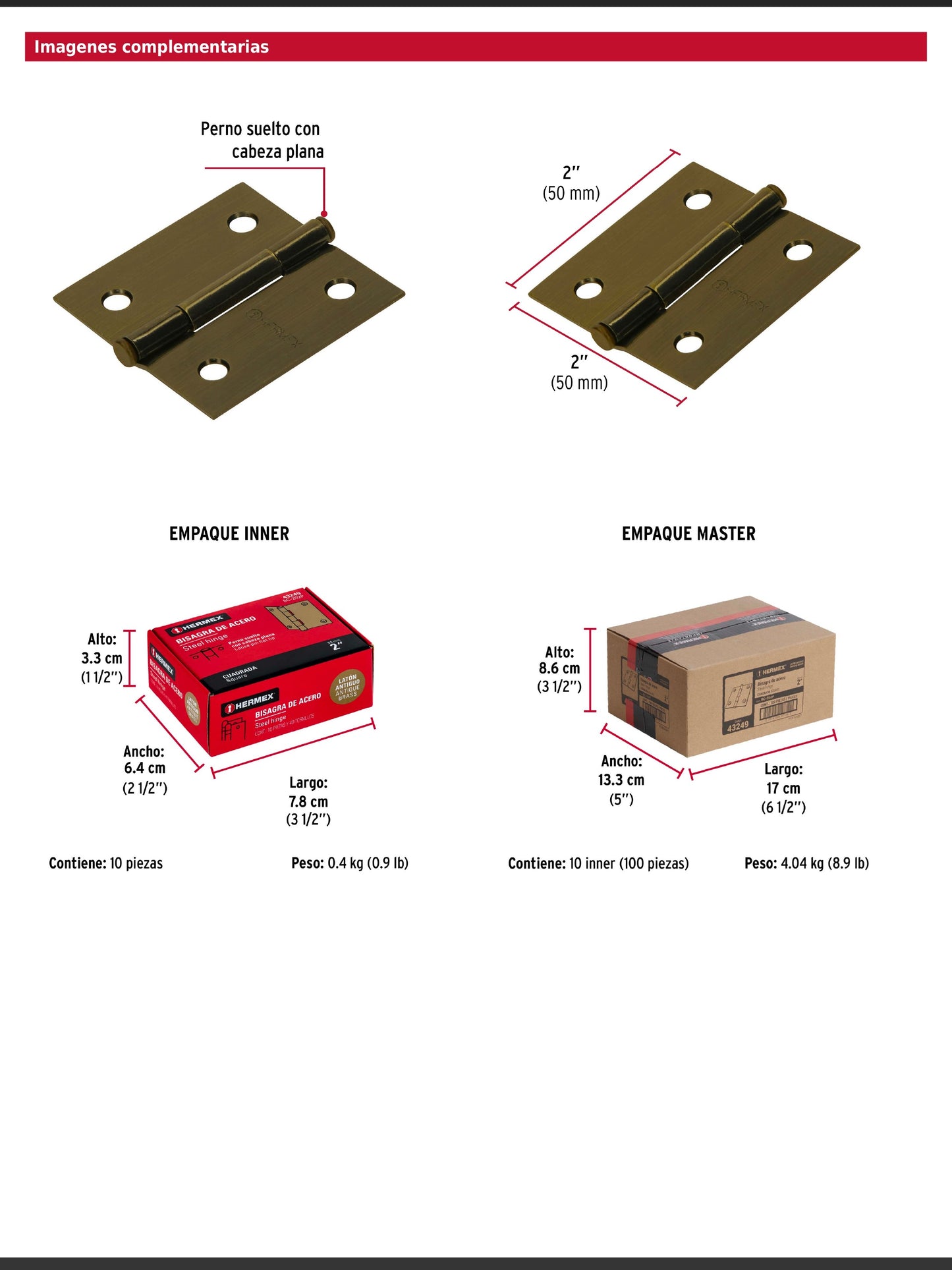 Bisagra cuadrada de acero con acabado latón antiguo
