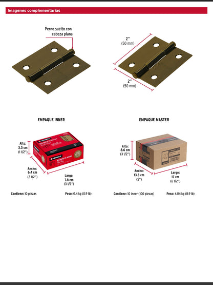 Bisagra cuadrada de acero con acabado latón antiguo