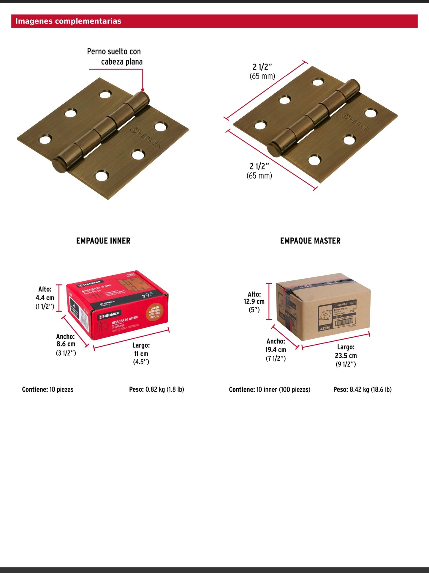 Bisagra cuadrada de acero con acabado latón antiguo