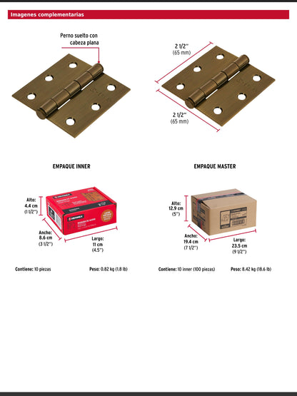 Bisagra cuadrada de acero con acabado latón antiguo