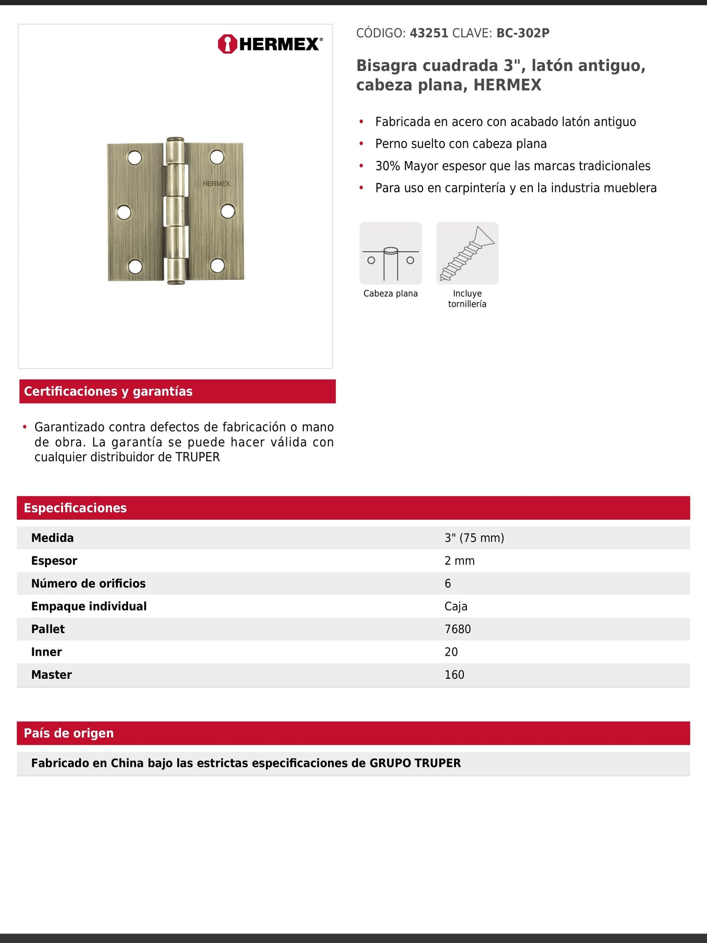 Bisagra cuadrada de acero con acabado latón antiguo