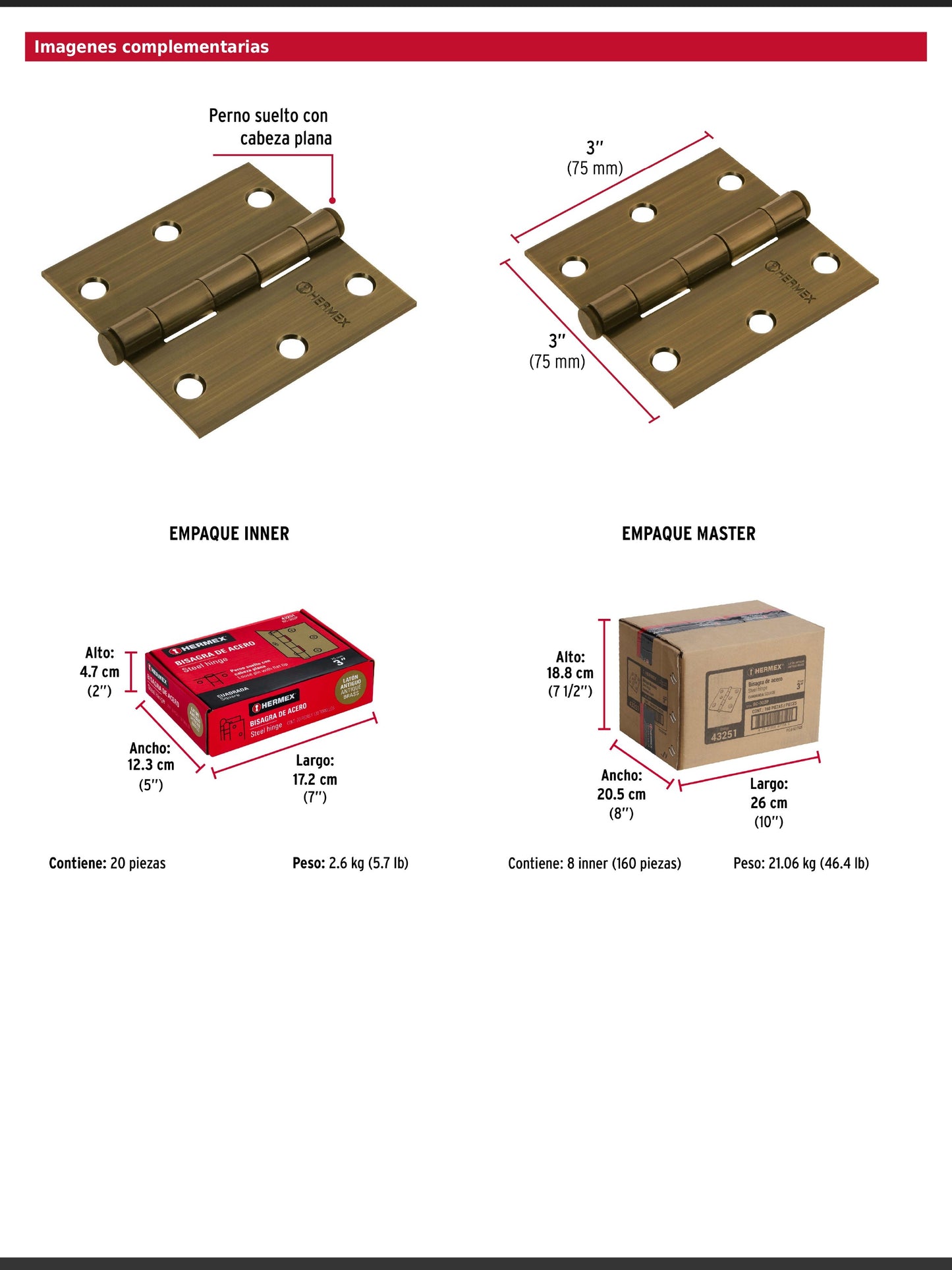 Bisagra cuadrada de acero con acabado latón antiguo
