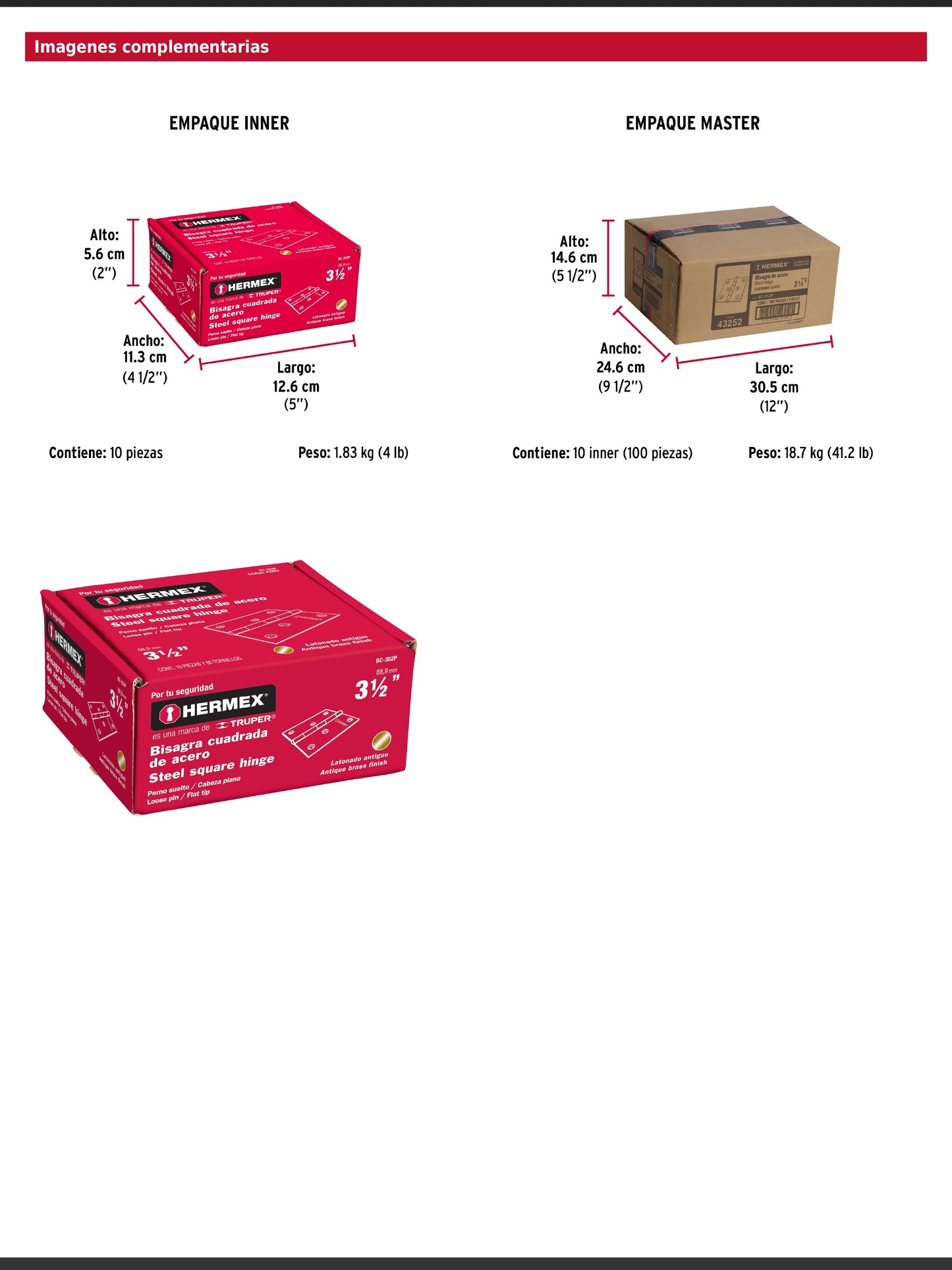 Bisagra cuadrada de acero con acabado latón antiguo