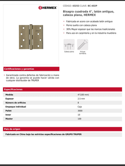 Bisagra cuadrada de acero con acabado latón antiguo