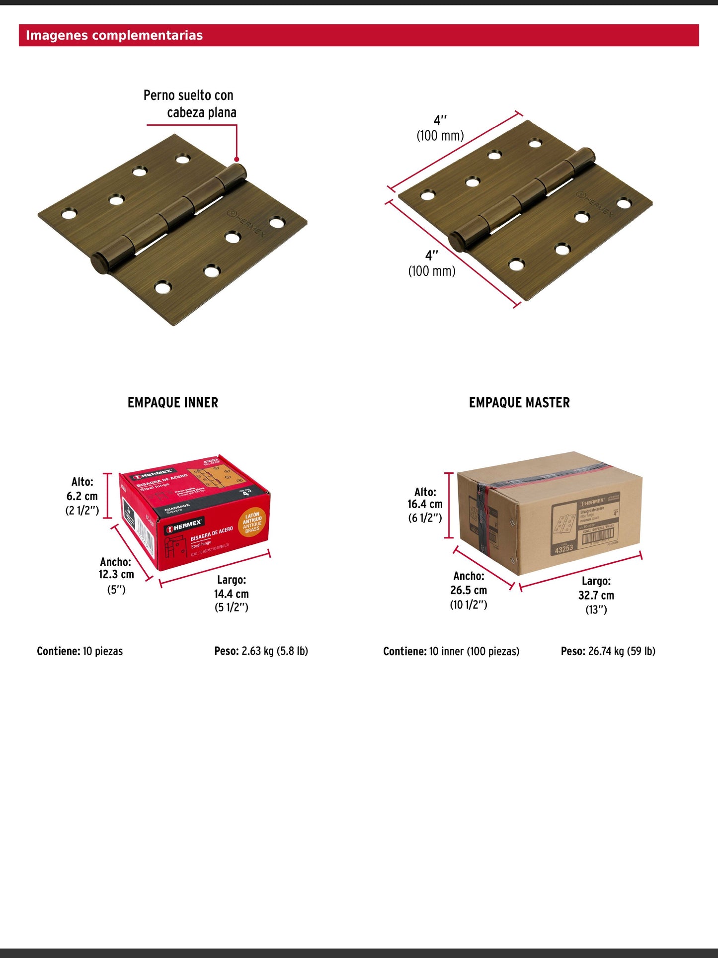Bisagra cuadrada de acero con acabado latón antiguo