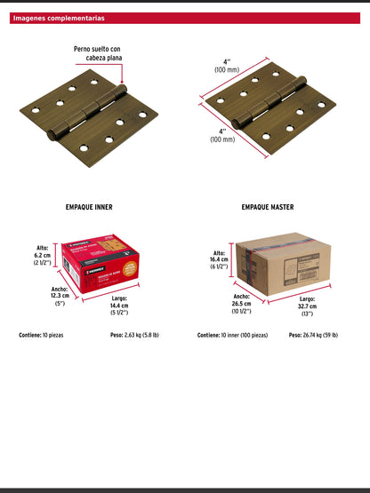 Bisagra cuadrada de acero con acabado latón antiguo