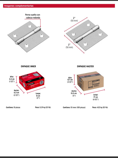 Bisagra cuadrada de acero con acabado satinado