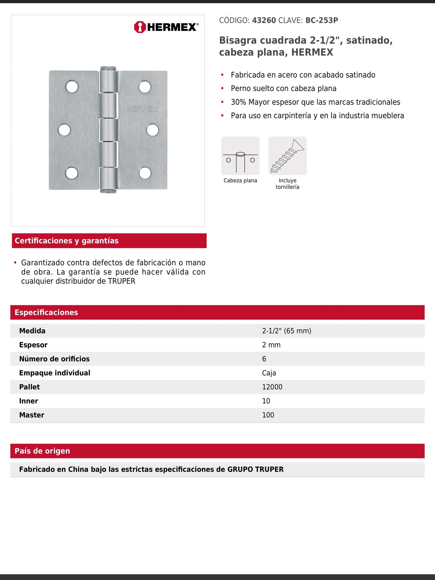 Bisagra cuadrada de acero con acabado satinado