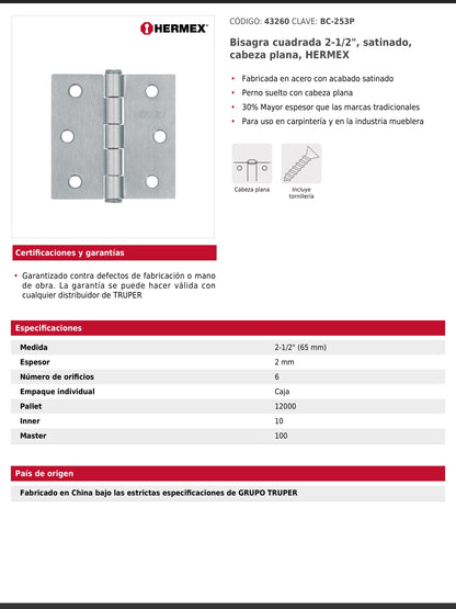 Bisagra cuadrada de acero con acabado satinado